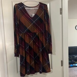 Plaid V-Neck Long Sleeve Dress